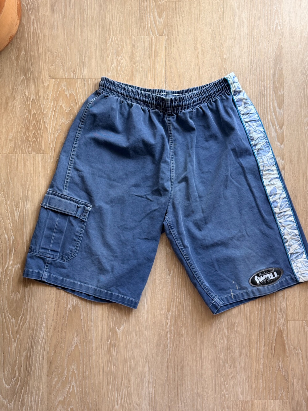 Vintage Men's Navy Blue Denim Cargo Board Shorts with Side Stripe